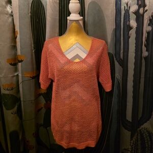 Chico's Coral Knit, Semi Sheer, Short Sleeve, Sweater Top